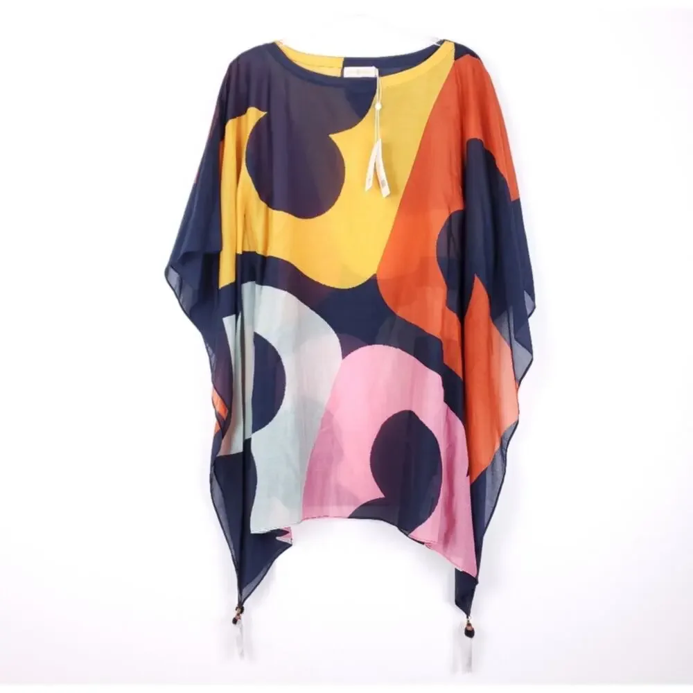 Tory Burch Printed Beach Caftan Color Block Logo Silk Cotton NWT XS/S - Picture 6 of 9